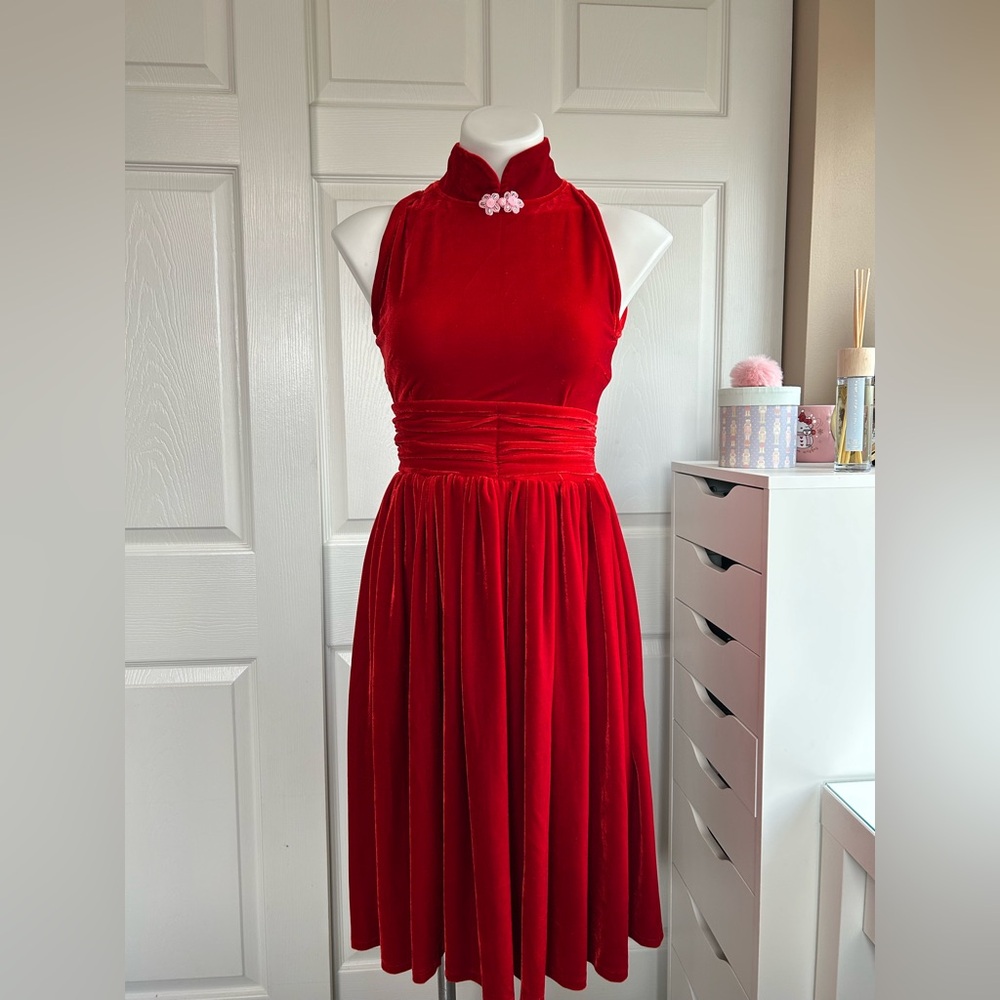 SN Asian Inspired Mock Neck Red Velvet Dress